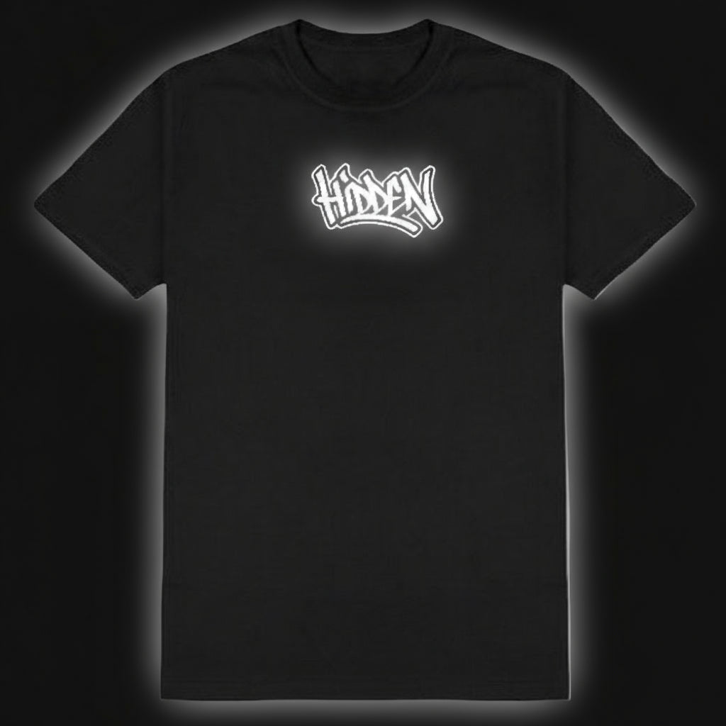 Black t-shirt with white logo on a blackbackground