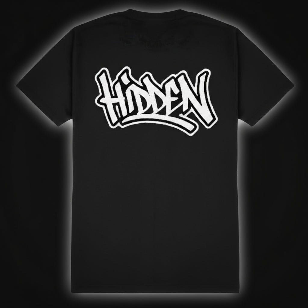 Black t-shirt with 'Hidden' in white graffiti-style text on a black background