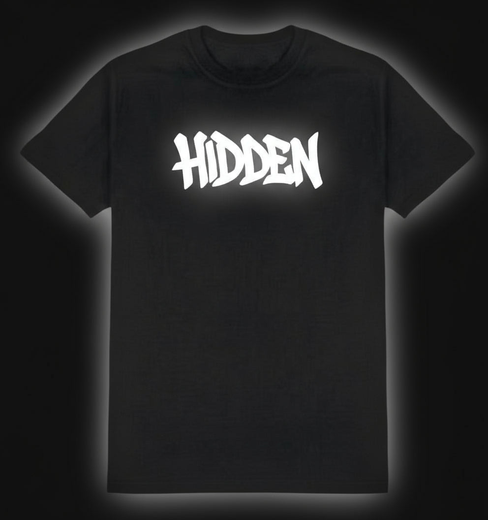 Black t-shirt with 'HIDDEN' printed in white on a dark background