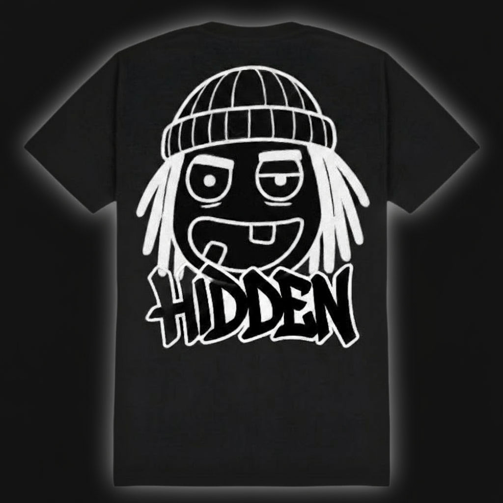 Black t-shirt with a graphic design of a face with dreadlocks and the word 'HIDDEN'