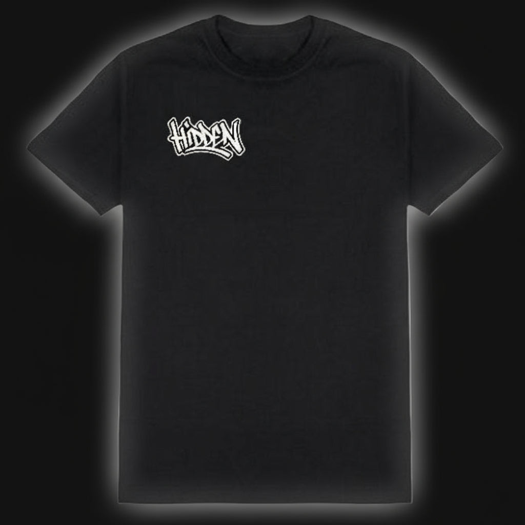 Black t-shirt with white logo on a blackbackground