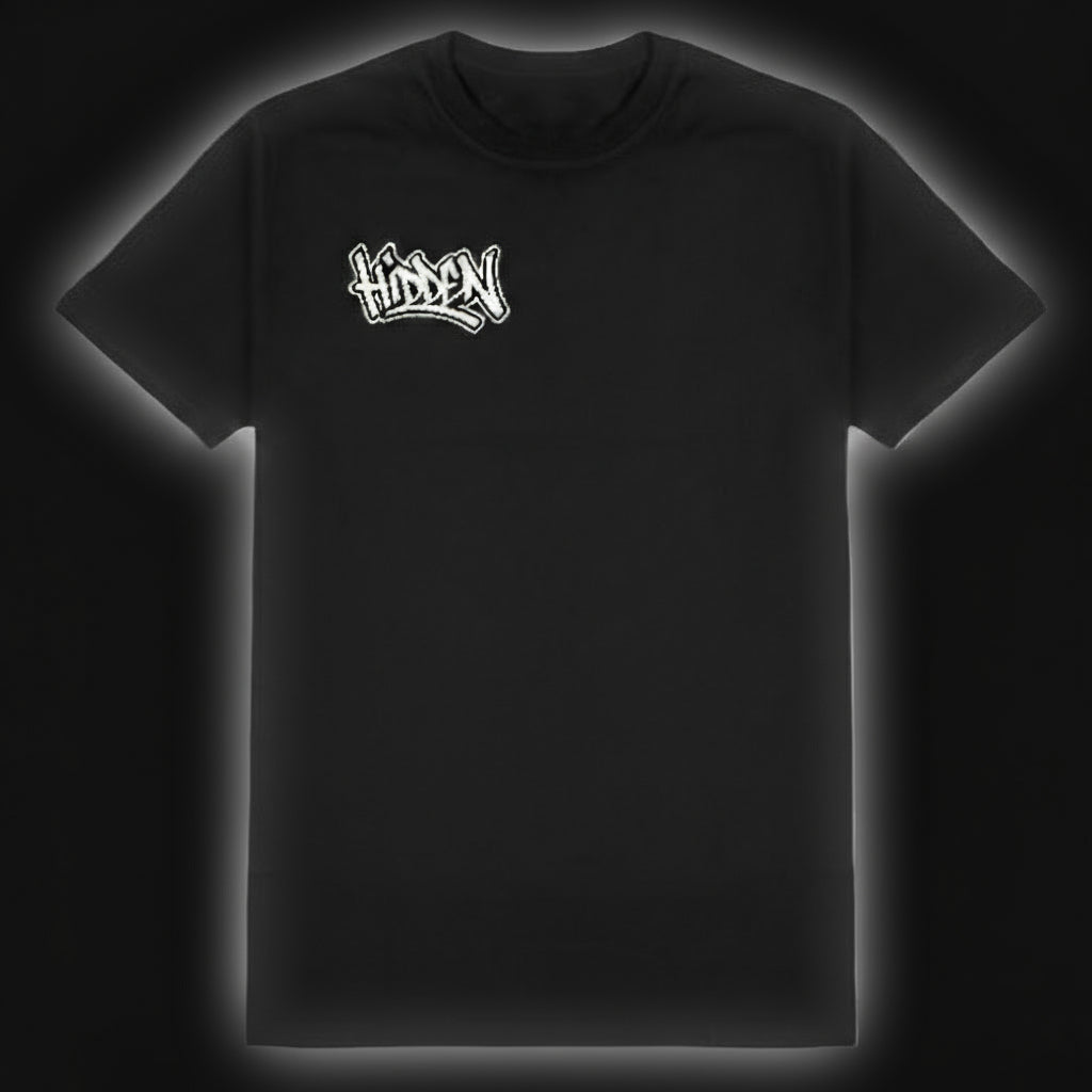 Black t-shirt with 'HIDDEN' logo on a dark background