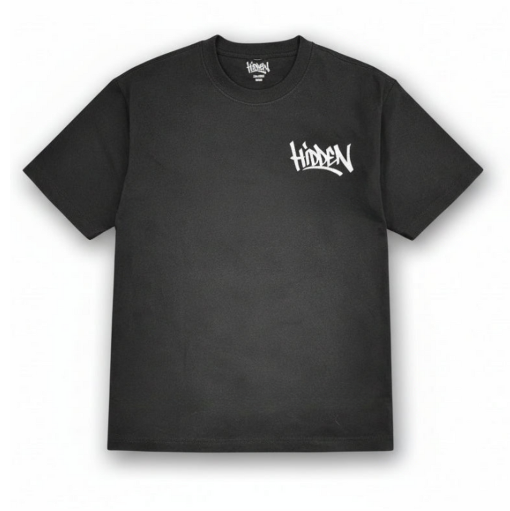 Black t-shirt with 'Hidden' logo on a white background