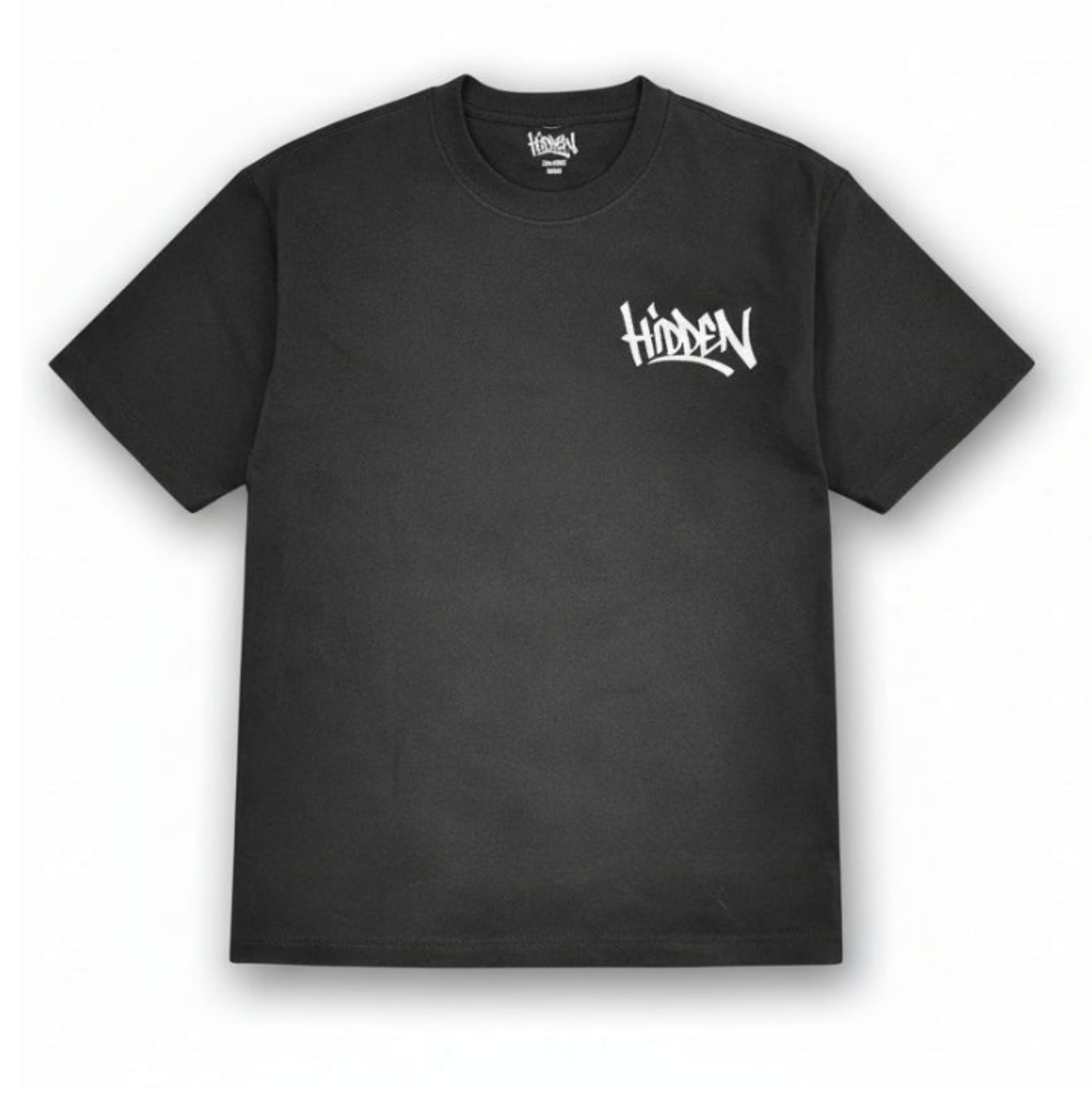 Black t-shirt with 'Hidden' logo on a white background