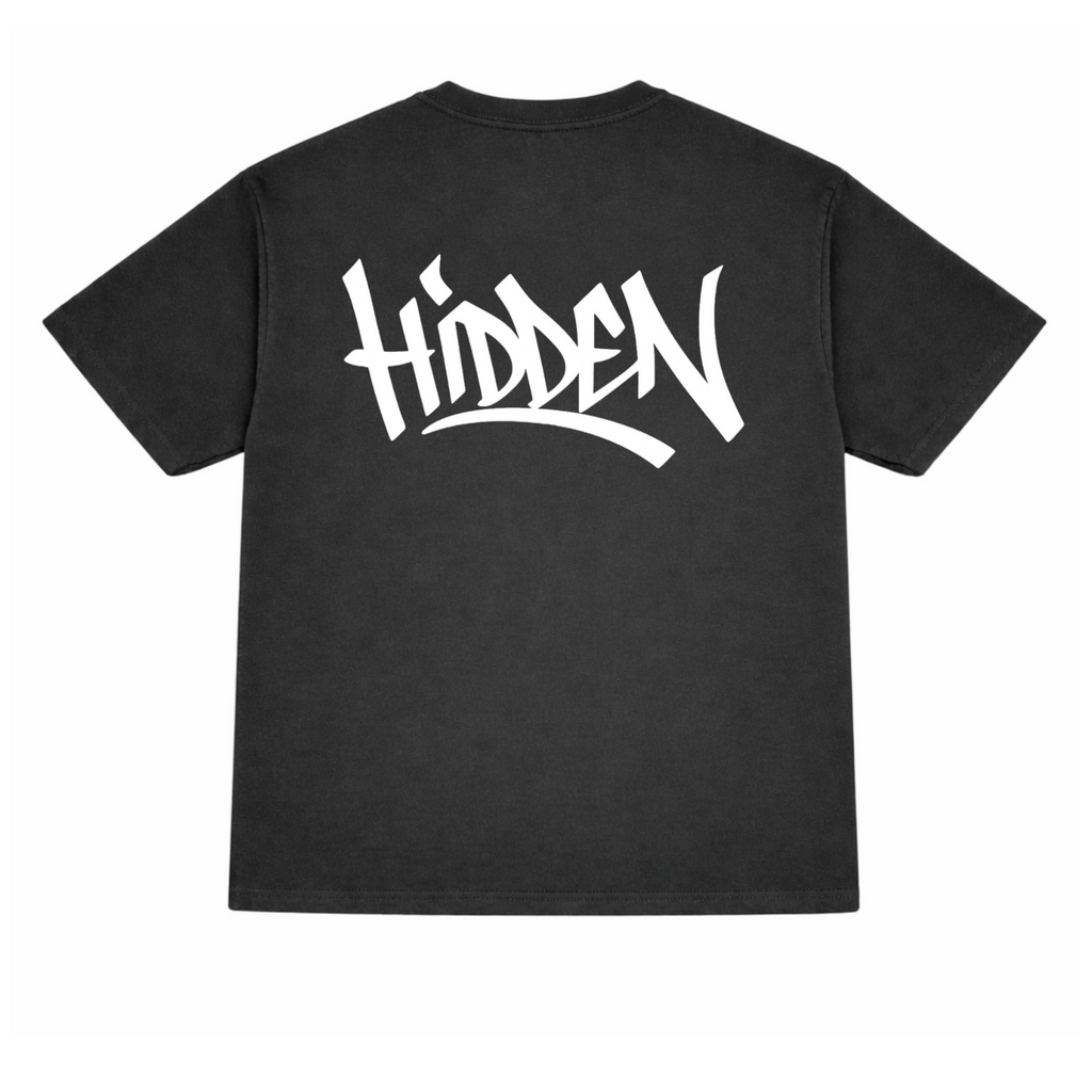Black t-shirt with 'HIDDEN' printed in white on a white background