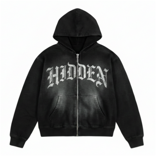 Black hoodie with 'HIDDEN' text on a gray background